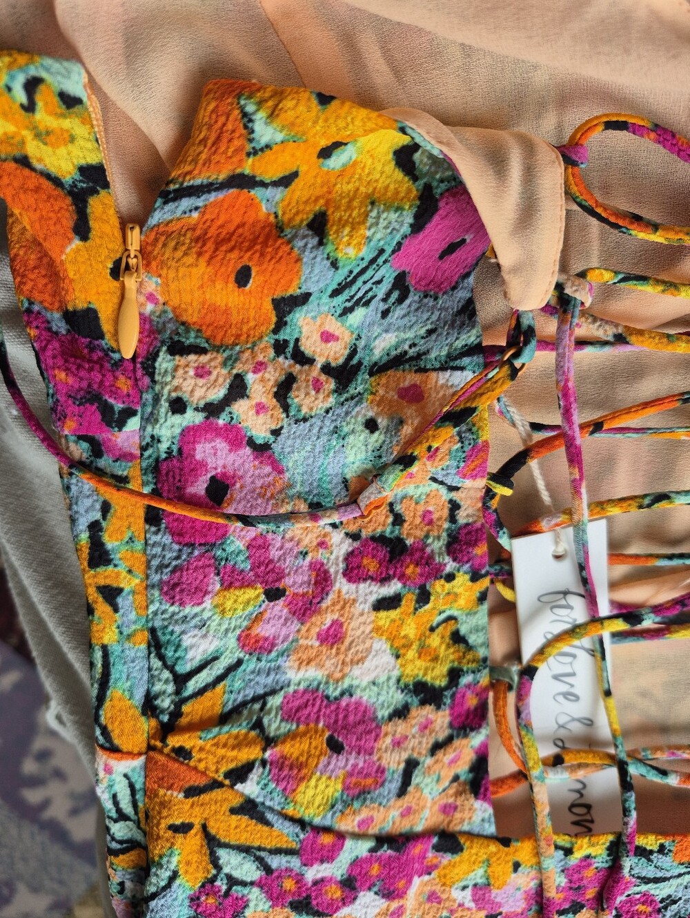 For Love & Lemons Dress Deena Pink Orange Tropical Garden Mini Size S NEW - Picture 10 of 15